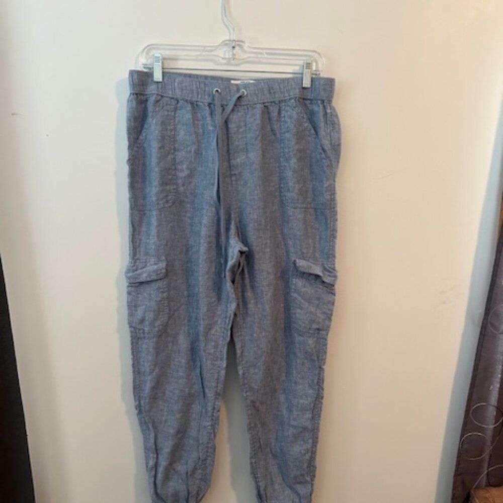 Nicole Miller Blue Linen Cargo joggers Made with European Grown Flax, size L